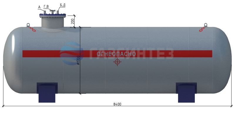 Габаритные размеры наземного двустенного резервуара для СУГ 16 м3